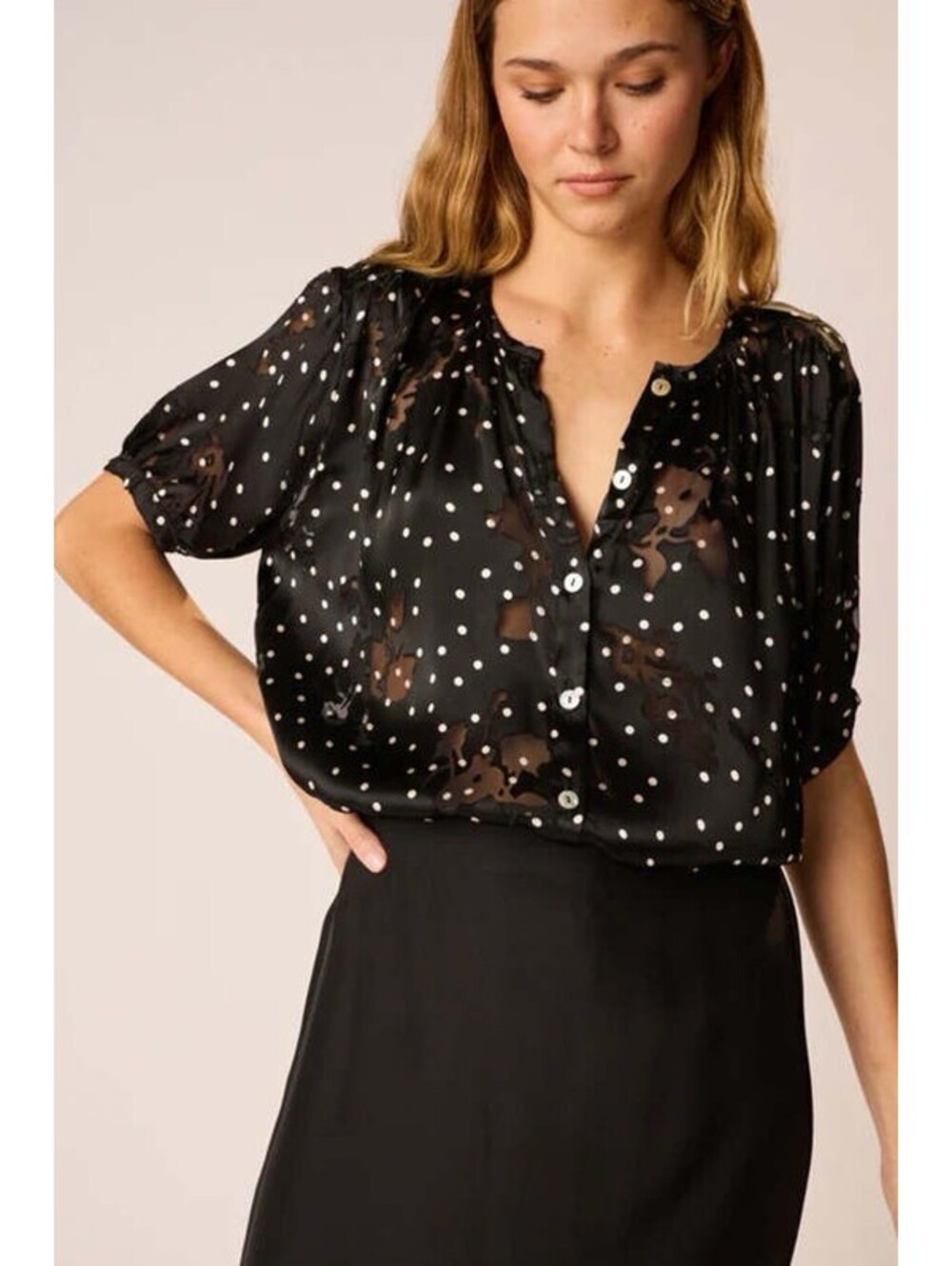 Natalie Martin Violet Blouse Top Silk Black White Polka Dot Button Small S NWOT